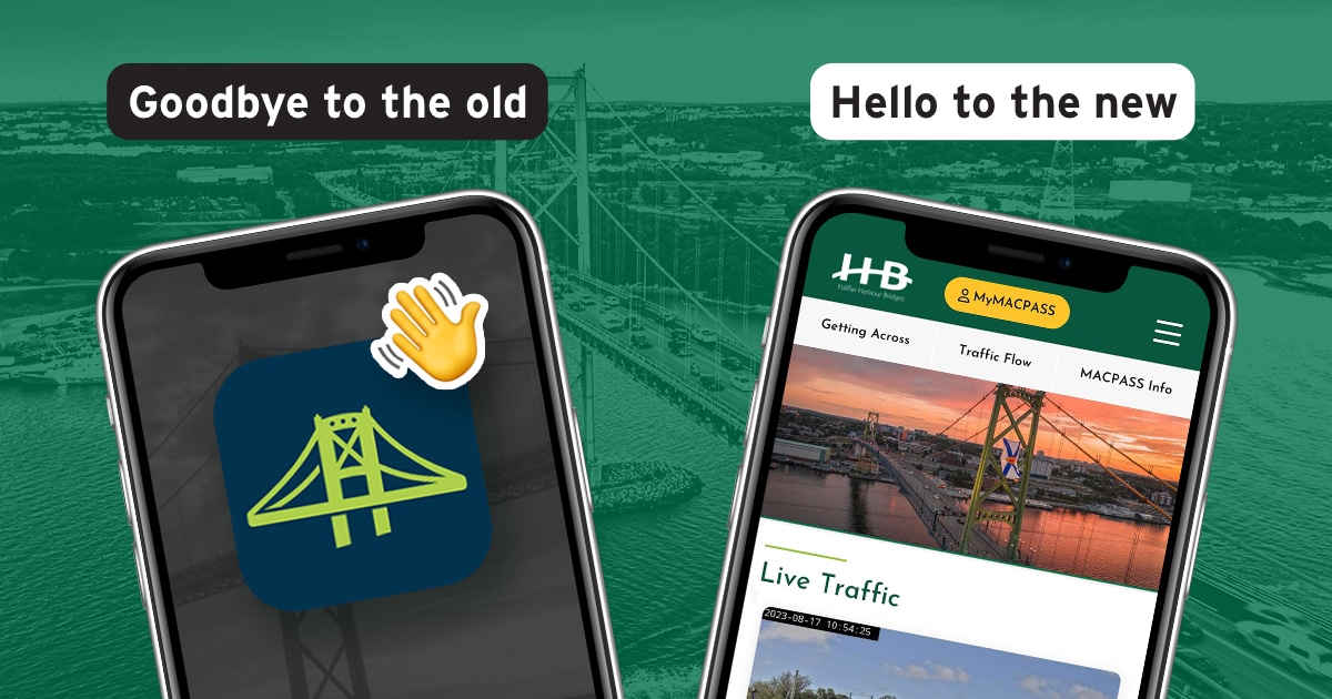 A graphic showing two mobile phones. One phone features an image of the old HHB Traffic App and a waving hand. The other features a look at the new HHB corporate website. The top of the graphic states "Goodbye to the old. Hello to the new." The mobile phones are on a green background that features an image of the MacKay Bridge.