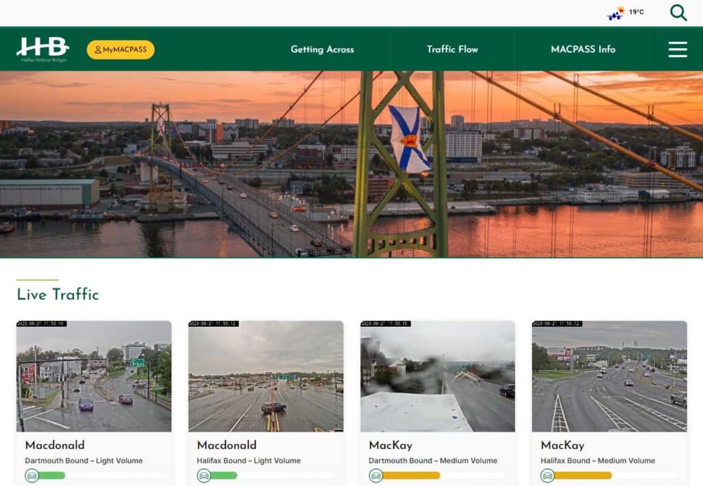 A look at the new HHB corporate website. The image features a bold green banner at the top, an image of the Macdonald Bridge at sunset, with Nova Scotia flags flying in the towers, as well as a look at live traffic camera feeds.