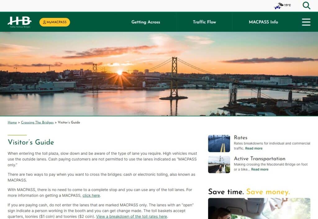 A look at the Visitor's Guide page of the new HHB website. The image features a bold green banner at the top, a picture of the Macdonald Bridge at sunset and details visitors to Halifax need to know about crossing the bridges.